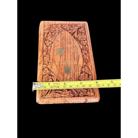 Vintage Wooden Hand Carved Brass Inlay India Sheesham Trinket Jewelry Hinged Box - Picture 9 of 9